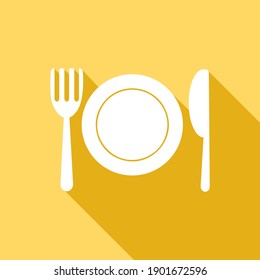 Fork Knife And Plate Icon On Yellow Background.