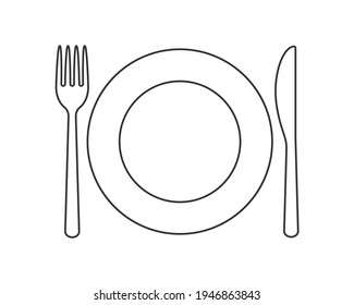 Fork knife and plate icon. Simple flat shape restaurant or cafe place logo sign. Kitchen and diner menu symbol. Vector illustration image. Black silhouette isolated on white background.