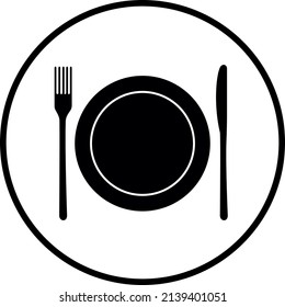 Fork, knife and plate icon. Simple round cutlery icons for web and print isolated on white background.	