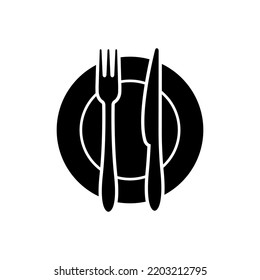 Fork, knife and plate icon. Traditional cutlery, tableware or kitchenware. Vector Illustration 