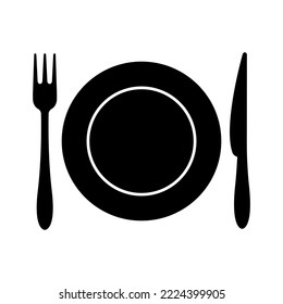 Fork, knife and plate icon. Traditional cutlery, tableware or kitchenware. Vector Illustration 