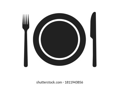 Fork knife and plate icon vector illustration for meal, dinner or lunch food eat symbol. Cooking cutlery flat graphic silhouette isolated on white background for restaurant place. Black pictogram V2
