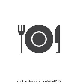 Fork and Knife With Plate icon vector, filled flat sign, solid pictogram isolated on white. Restaurant symbol, logo illustration. Pixel perfect