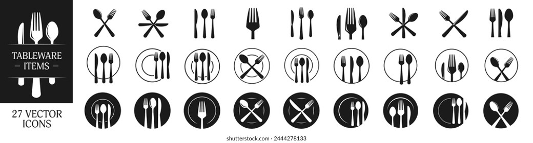 Fork, knife and plate icons set. Cutlery icon. Logotype tableware.