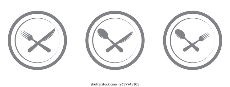 Fork, knife and plate icons set. Cutlery icon. Logotype tableware.