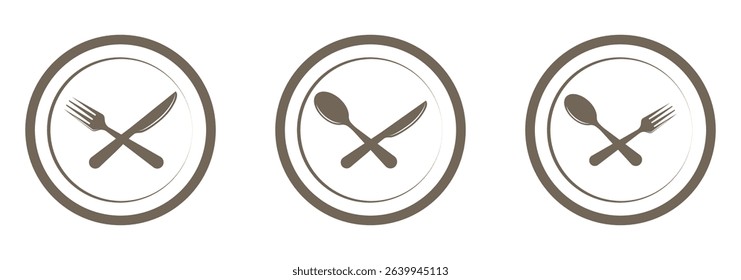 Fork, knife and plate icons set. Cutlery icon. Logotype tableware.