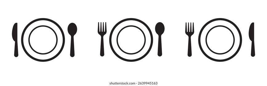 Fork, knife and plate icons set. Cutlery icon. Logotype tableware.