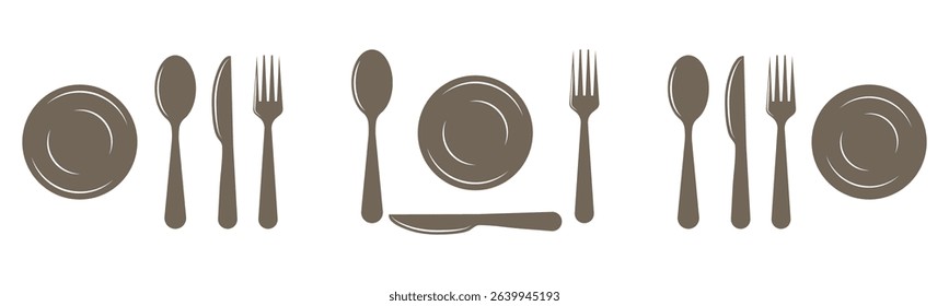 Fork, knife and plate icons set. Cutlery icon. Logotype tableware.