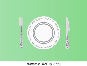 Fork knife plate isolated in green. Vector illustration