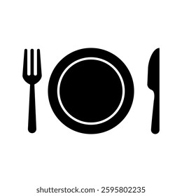 Fork, knife and plate isolated vector icon symbols for restaurant, dinner breakfast and lunch