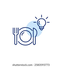 Fork, knife, plate and light bulb. Food for thought, cooking ideas. Recipes for every day. Pixel perfect, editable stroke icon