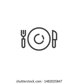 Fork and knife with plate line icon. linear style sign for mobile concept and web design. Plate with cutlery outline vector icon. Symbol, logo illustration. Vector graphics
