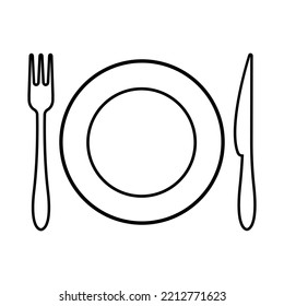 Fork, knife and plate line icon. Traditional cutlery, tableware or kitchenware. Vector Illustration 