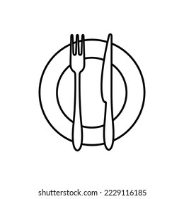 Fork, knife and plate line icon. Traditional cutlery, tableware or kitchenware. Vector Illustration 