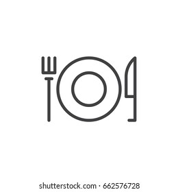 Fork and Knife With Plate line icon, outline vector sign, linear style pictogram isolated on white. Restaurant symbol, logo illustration. Editable stroke. Pixel perfect