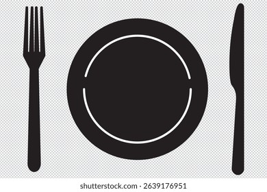Fork, knife and plate. Menu symbol. Tableware instruments. Restaurant icon. Food, plate, fork, knife, cutlery icon set EPS 10
