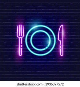 Fork, knife, plate neon icon. Glowing Vector illustration icon for mobile, web and menu design. Serving concept