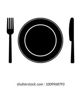 Fork, knife and plate on plate background. Vector illustration