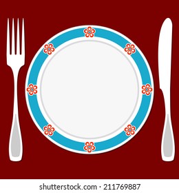 Fork, knife and plate on a red background. Table setting.