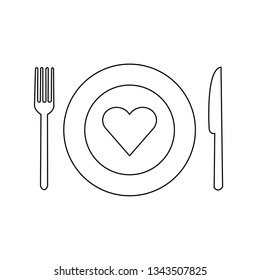 Fork, knife and plate with red heart line icon. Vector illustration.