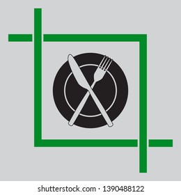 Fork, Knife and Plate sign. Black icon inside green crop tool at light gray background