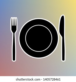 Fork, Knife and Plate sign. Black icon in white shell at pastel color background. Illustration.