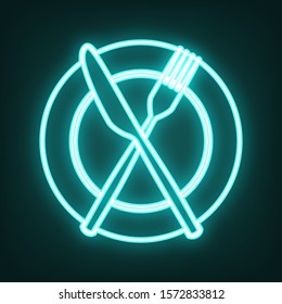 Fork, Knife and Plate sign. Cyan neon icon in the dark. Bluring. Luminescence. Illustration.