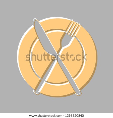 Fork, Knife and Plate sign. Emboss effect with light orange icon on gray background.