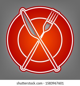 Fork, Knife and Plate sign. Flat red icon with linear white icon with gray shadow at grayish background. Illustration.