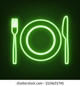 Fork, Knife and Plate sign. Green neon icon in the dark. Blurred lightening. Illustration.