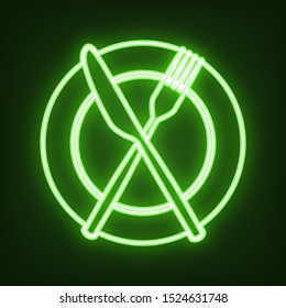 Fork, Knife and Plate sign. Green neon icon in the dark. Blurred lightening. Illustration.