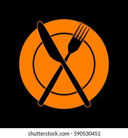 Fork, Knife and Plate sign. Orange icon on black background.