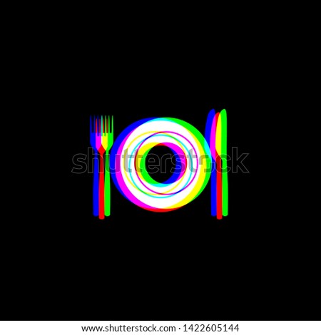 Fork, Knife and Plate sign. Red, green and blue unfocused contour icon at black background. Illustration.