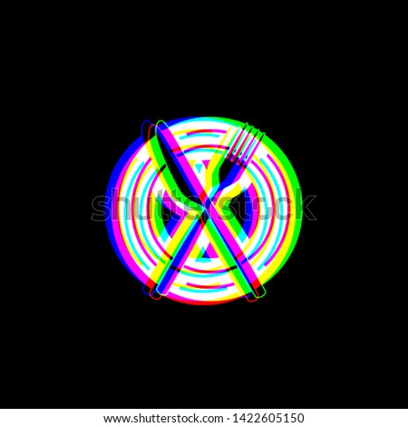 Fork, Knife and Plate sign. Red, green and blue unfocused contour icon at black background. Illustration.