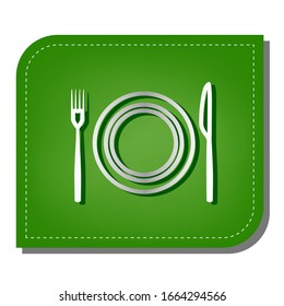 Fork, Knife and Plate sign. Silver gradient line icon with dark green shadow at ecological patched green leaf. Illustration.