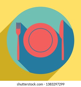 Fork, Knife and Plate sign. Sunset orange icon with llapis lazuli shadow inside medium aquamarine circle with different goldenrod shadow at royal yellow background.