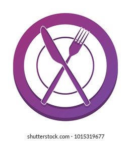 Fork, Knife and Plate sign. Vector. White icon with flat shadow on purpureus circle at white background. Isolated.