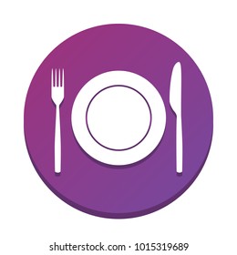 Fork, Knife and Plate sign. Vector. White icon with flat shadow on purpureus circle at white background. Isolated.