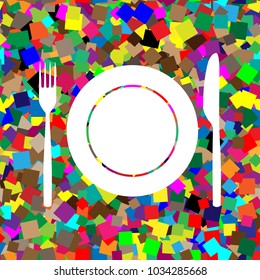 Fork, Knife and Plate sign. Vector. White icon on colorful background with seamless pattern from squares.