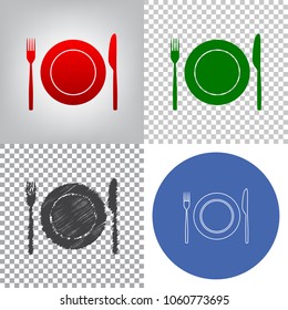 Fork, Knife and Plate sign. Vector. 4 styles. Red gradient in radial lighted background, green flat and gray scribble icons on transparent and linear one in blue circle.