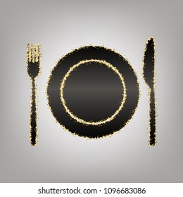 Fork, Knife and Plate sign. Vector. Blackish icon with golden stars at grayish background.