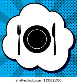Fork, Knife and Plate sign. Vector. Black icon in bubble on blue pop-art background with rays.