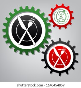 Fork, Knife and Plate sign. Vector. Three connected gears with icons at grayish background.