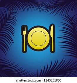 Fork, Knife and Plate sign. Vector. Golden icon with black contour at blue background with branches of palm trees.