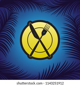 Fork, Knife and Plate sign. Vector. Golden icon with black contour at blue background with branches of palm trees.