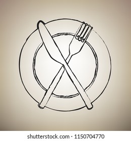 Fork, Knife and Plate sign. Vector. Brush drawed black icon at light brown background.