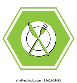 Fork, Knife and Plate sign. Vector. White icon with black shadow at yellow green honeycomb on white background.