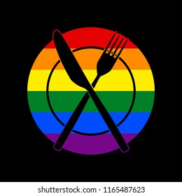 Fork, Knife and Plate sign. Vector. Icon with colors of LGBT flag at black background.