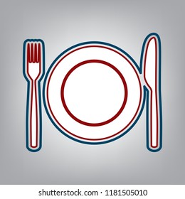 Fork, Knife and Plate sign. Vector. Dark red, transparent and midnight green stroke of white icon at grayish background.
