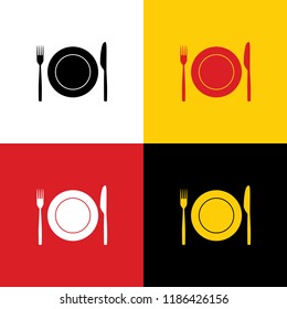 Fork, Knife and Plate sign. Vector. Icons of german flag on corresponding colors as background.